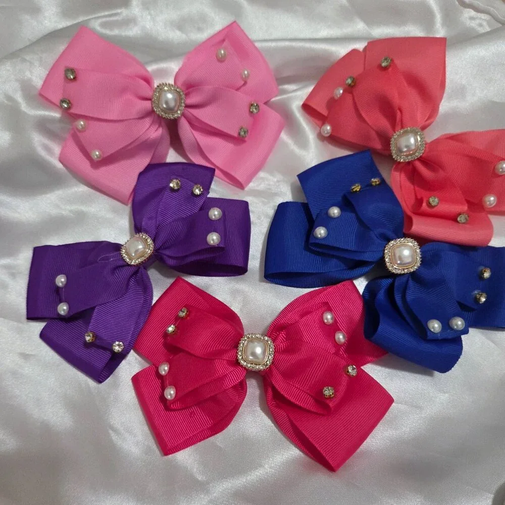 5pcs Pearl & Rhinestone Hair Bows ✨ Girls Elegant Ribbon Clips Cute Accessor